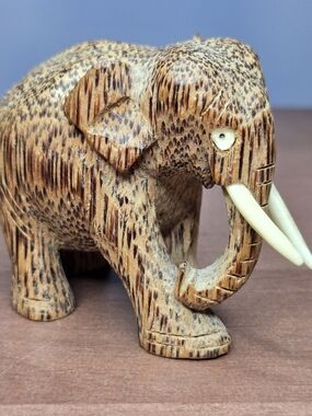 OFAK Hand Carved Coconut Wood Elephant Miniature Figurine Sculpture